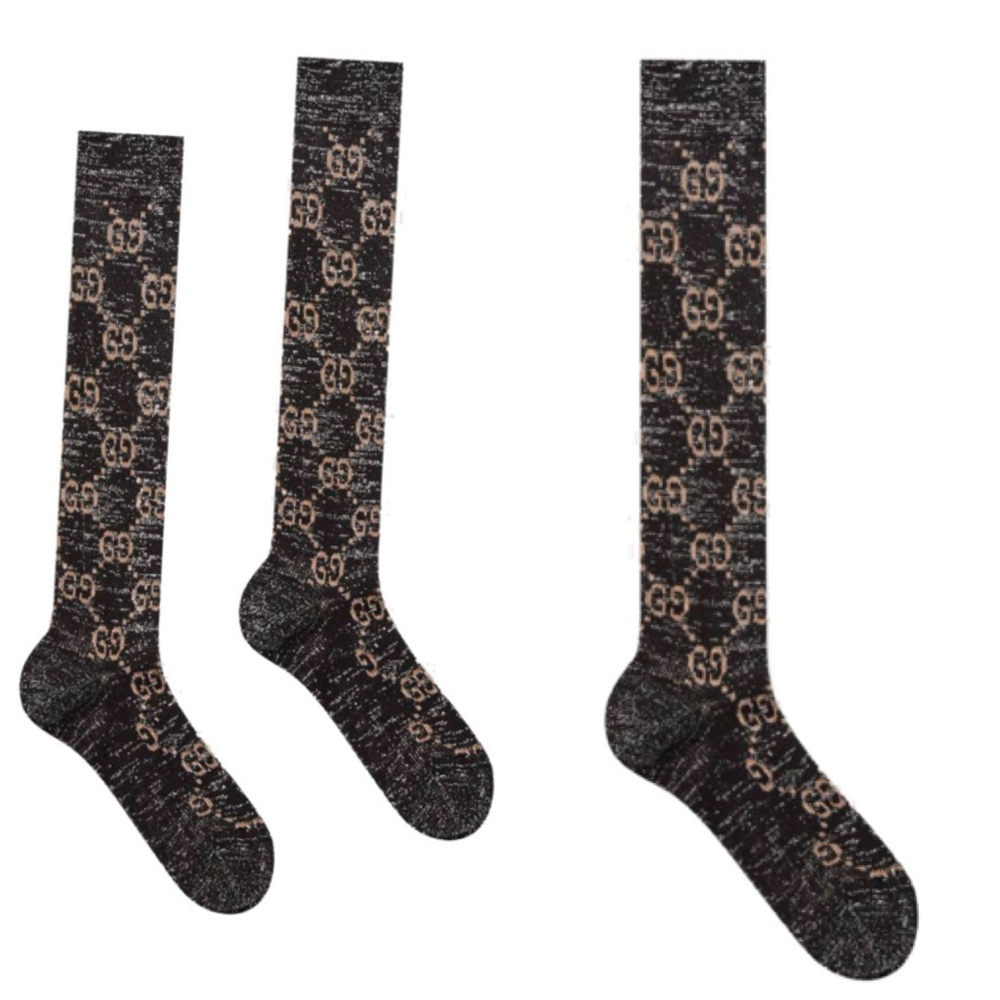 💯🩷Authentic GUCCI Black & Gray metallic shiny lamé shimmer GG Socks - Picture 13 of 13